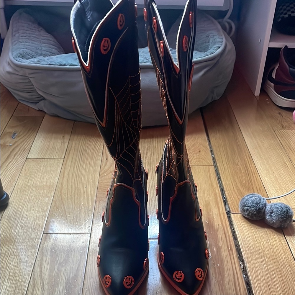 YRU Black and Orange Heeled Boots with Unique Toe Design